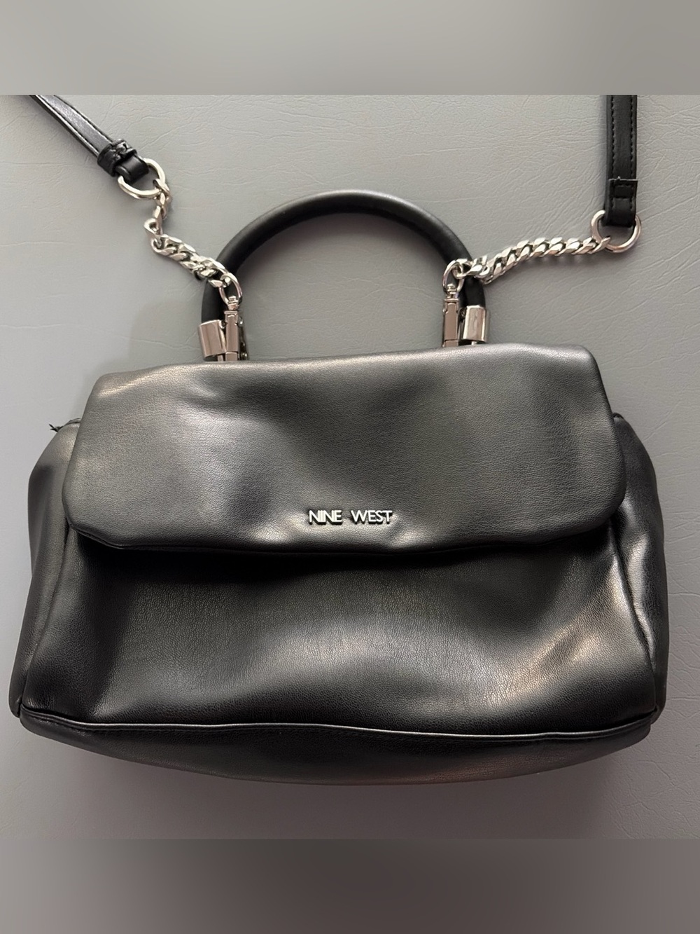 Nine West Black Leather Chain-Accent Crossbody Satchel